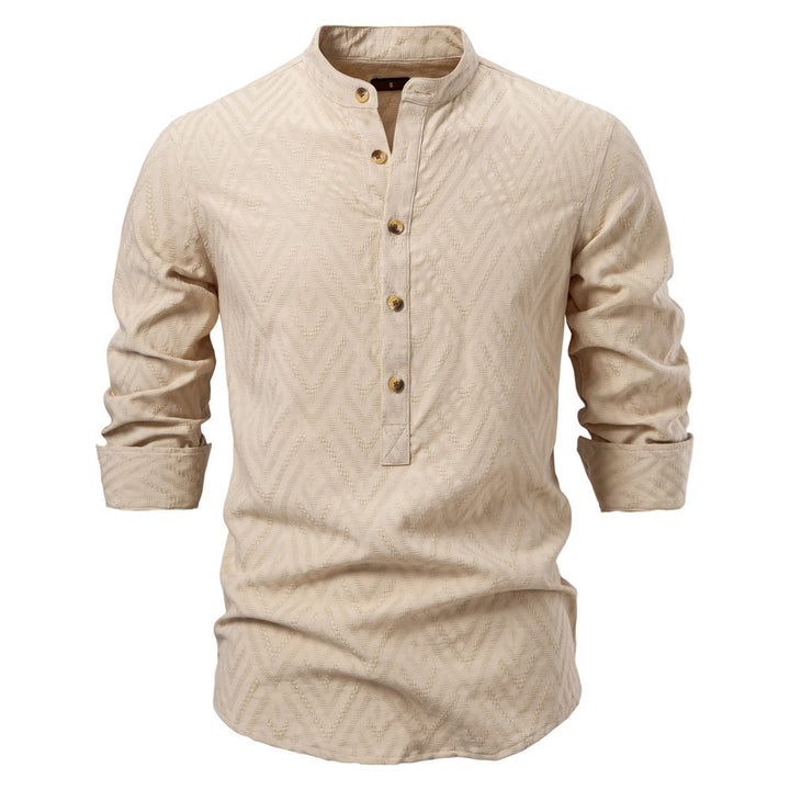 Men's jacquard shirt with stand-up collar, half button placket, and wood-look buttons Mune Fashion