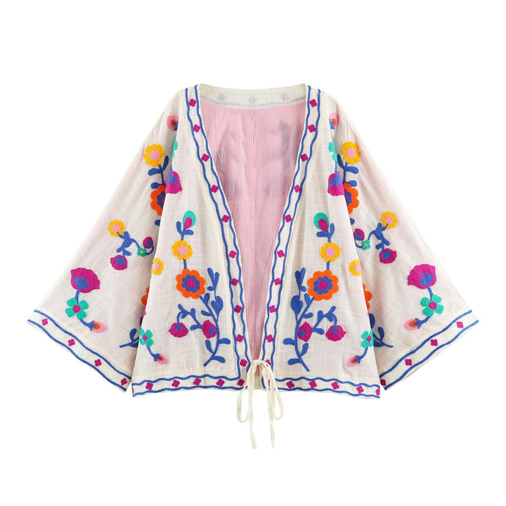 Women Lightweight Embroidered Kimono Cardigan with Floral Applique and Tie Band Mune Fashion