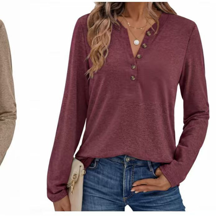 Women Lightweight Henley Long Sleeve with V-neck, Button Placket and Casual Fit Mune Fashion