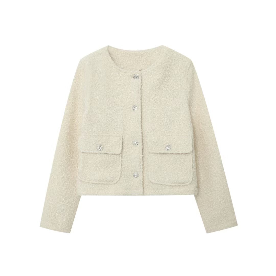 Women's short jacket in bouclé-tweed look with round neckline and crystal decorative buttons Mune Fashion