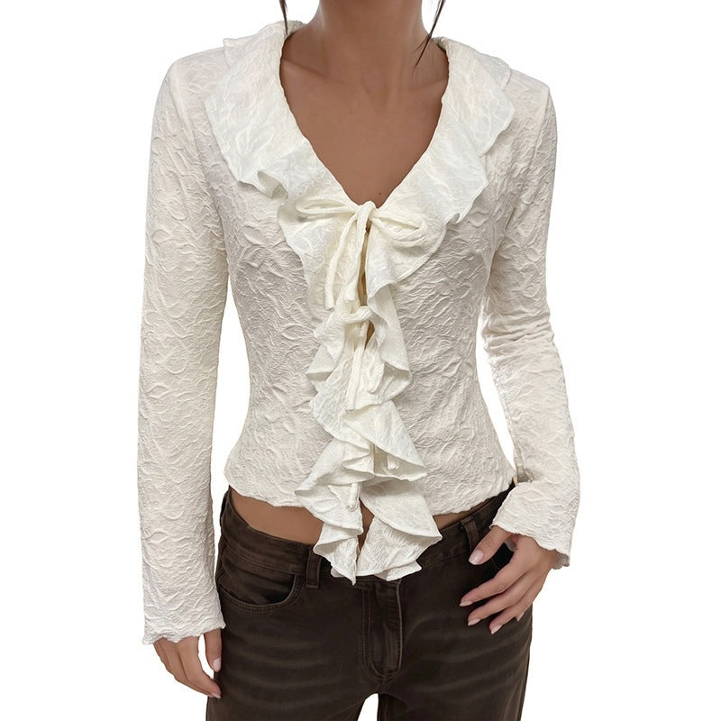 Women's ruffle blouse made of structured jersey with V-neck and tie bow Mune Fashion