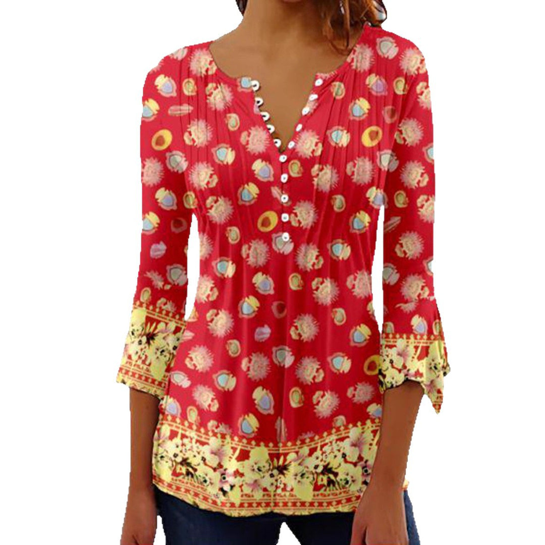 Women nan lightweight Boho blouse with V-neck, decorative pleats, button placket and three-quarter sleeves Mune Fashion
