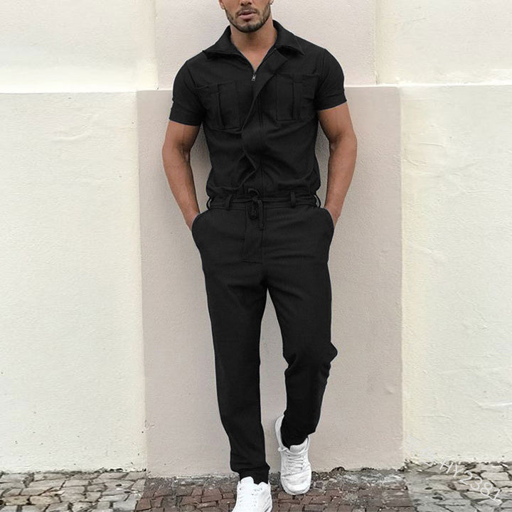 Men's short-sleeved overall work suit with concealed front closure and applied chest pockets Mune Fashion