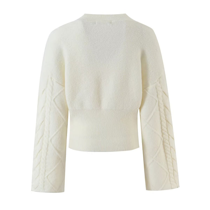 Women's Short-Cut Braided Knit Sweater with Wide Sleeve and Ribbed Hem Drune