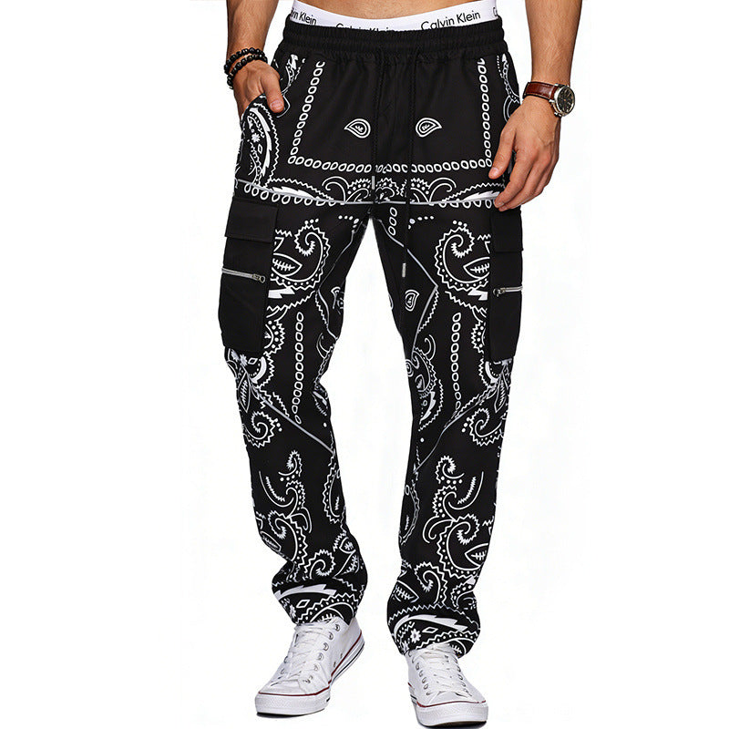 Men's cargo pants with bandana print, elastic waistband, and zipper pockets Mune Fashion
