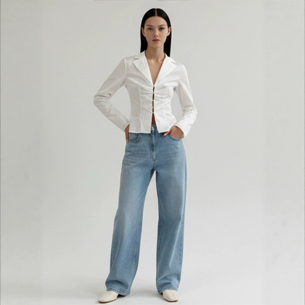 Women's Tailored Poplin Shirt Blouse with Corset Seams & Hook Front Mune Fashion