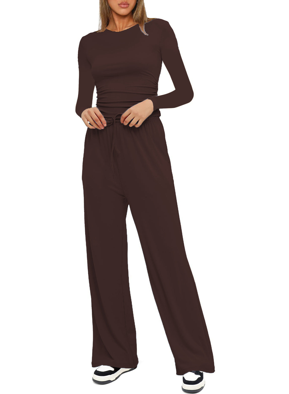 Women's Figure-Hugging Long Sleeve with Side Gathering and High-Waist Palazzo Jogging Pants Set Mune Fashion