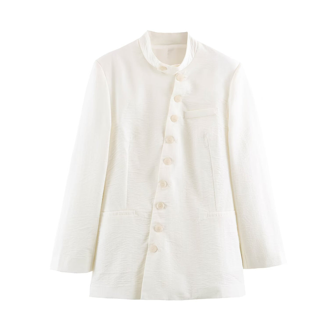 Women's longline jacket with stand-up collar and asymmetric button placket Mune Fashion