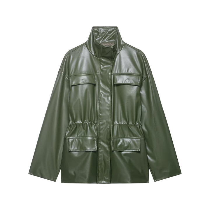 Women's Two-Piece PU Leather Ensemble with Field Jacket, Drawstring Waist and High-Waist Wide-Leg Pants Mune Fashion