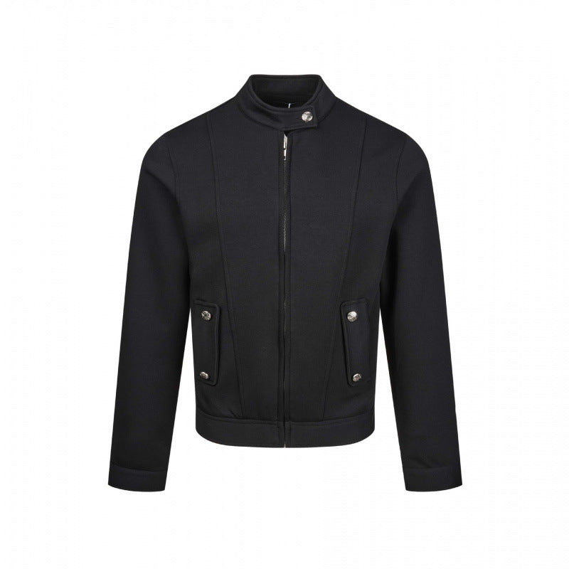 Men's short-cut jersey bomber jacket with high stand-up collar, concealed zipper and flap pockets Mune Fashion