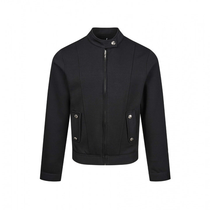 Men's short-cut jersey bomber jacket with high stand-up collar, concealed zipper and flap pockets Mune Fashion