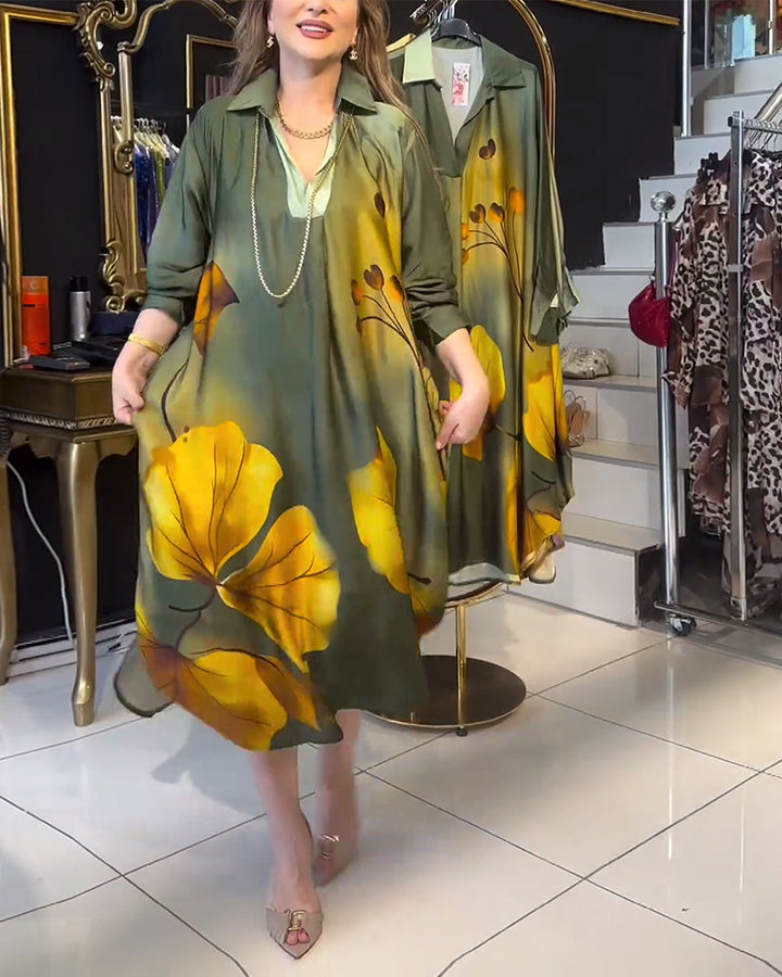 Women's oversized shirt dress in A-line cut with shirt collar and large floral print Mune Fashion