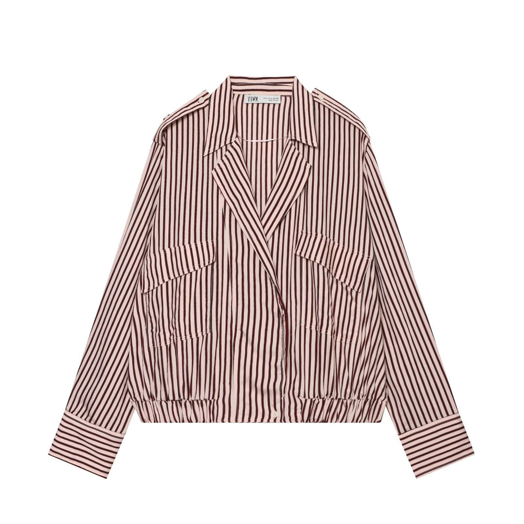 Women Striped Oversized Shirt Jacket with Drawstring Hem and Flap Pockets Drune