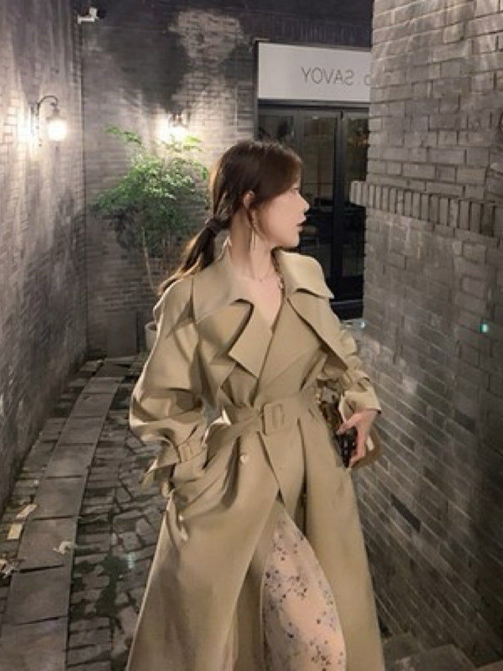 Women Boxy Midi Length Trench Coat with Soft Draping and Adjustable Cuffs Mune Fashion