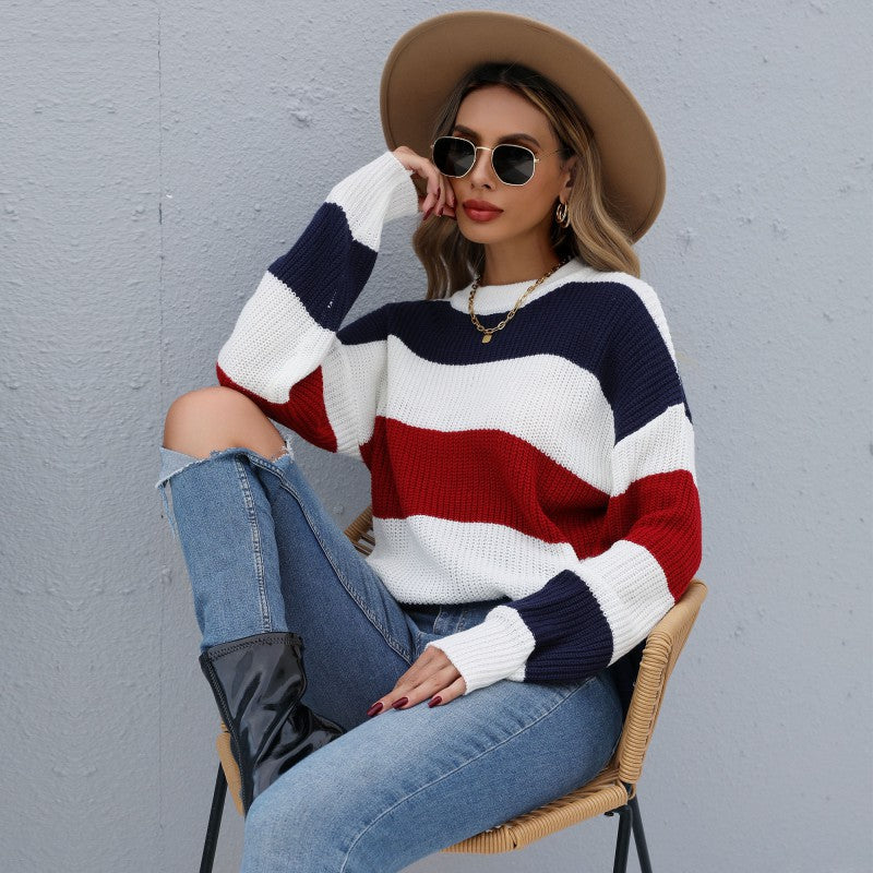 Women's Striped Chunky Knit Sweater with Round Neck and Dropped Shoulders Mune Fashion