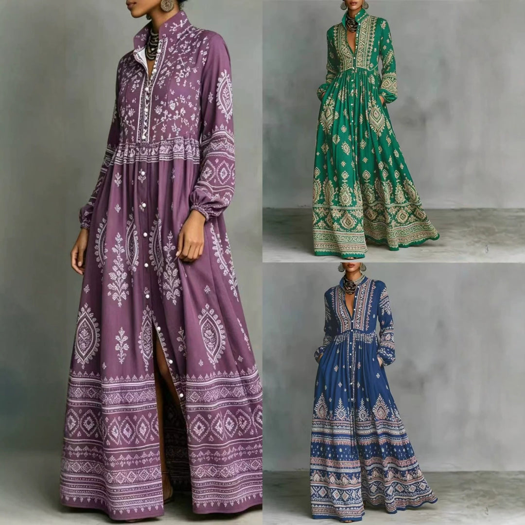 Women’s Boho Maxi Shirt Dress with Embroidered Borders, High Stand Collar and Pockets