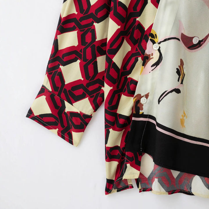 Women Oversize Silk Look Blouse with Asymmetrical Hem and Patchwork Print Drune