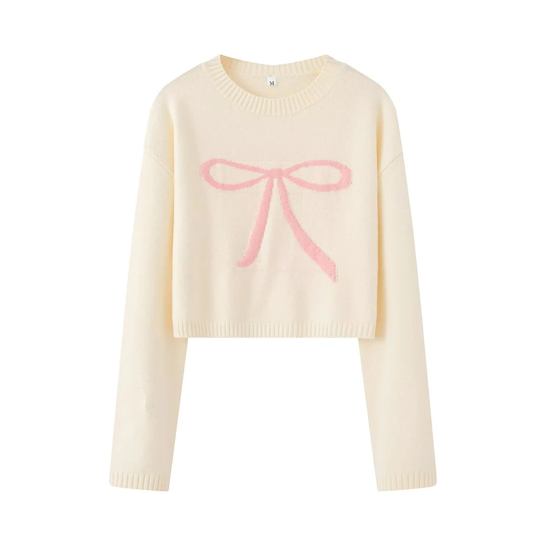 Women's short cut knitted sweater with intarsia bow motif Mune Fashion