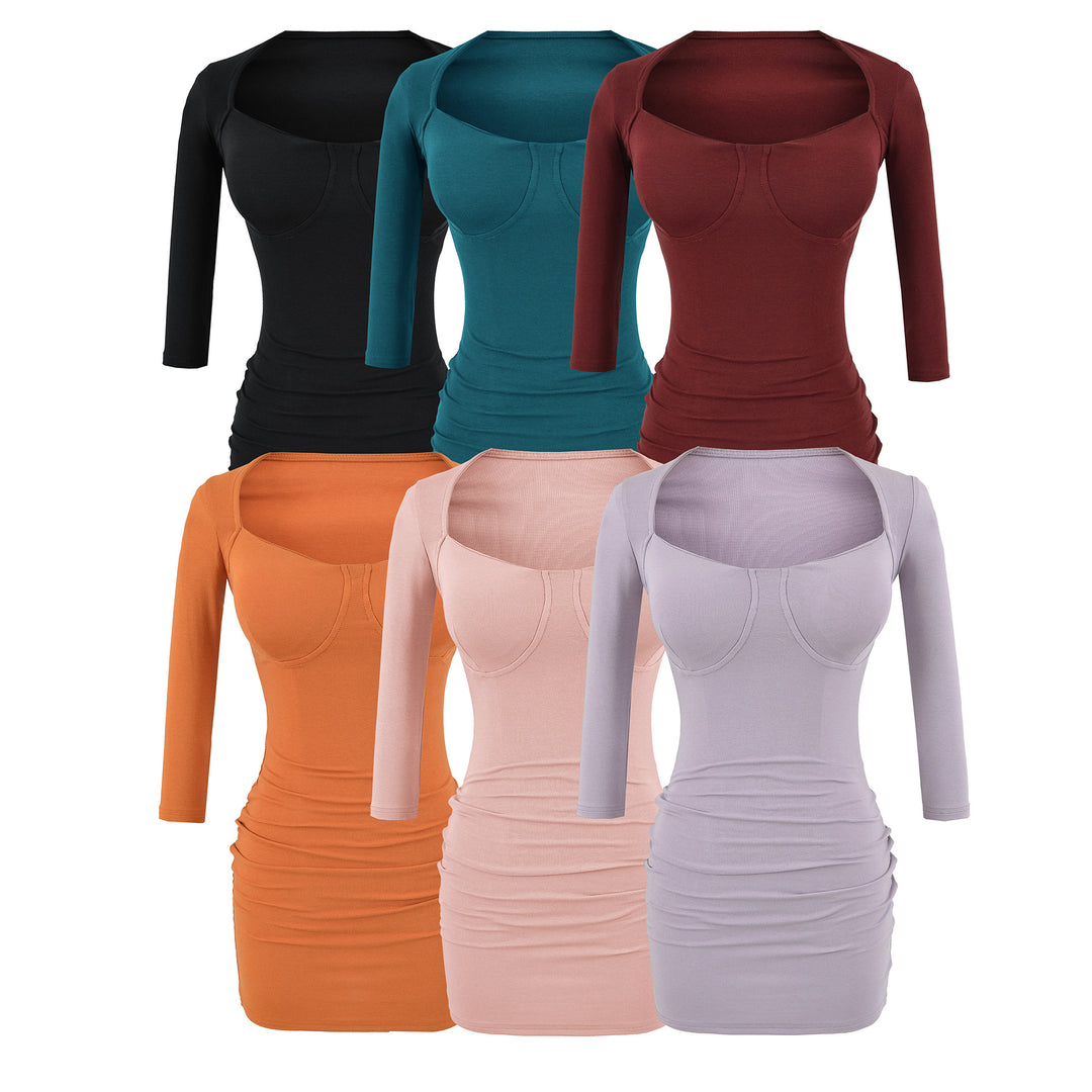 Ladies fitted midi dress with sewn-in cups, wide square neckline and gathering around