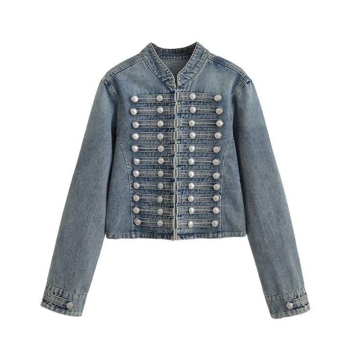 Women's denim jacket in military style with stand-up collar and decorative button plackets Mune Fashion