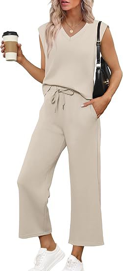 Women Casual Two-Piece Lounge Set with Sleeveless V-Neck Top and Wide Drawstring Pants Mune Fashion