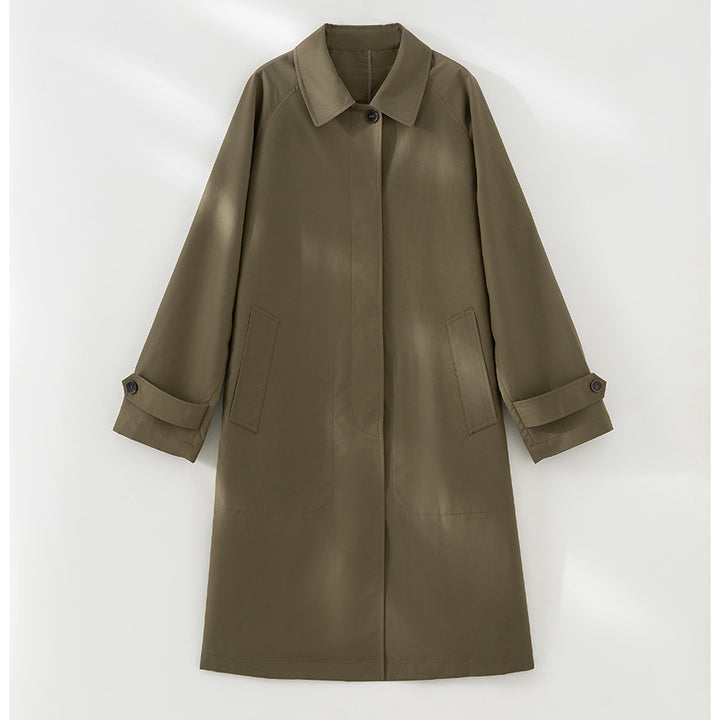 Women Mid-Length Trench Coat with concealed snap placket and adjustable cuffs Mune Fashion
