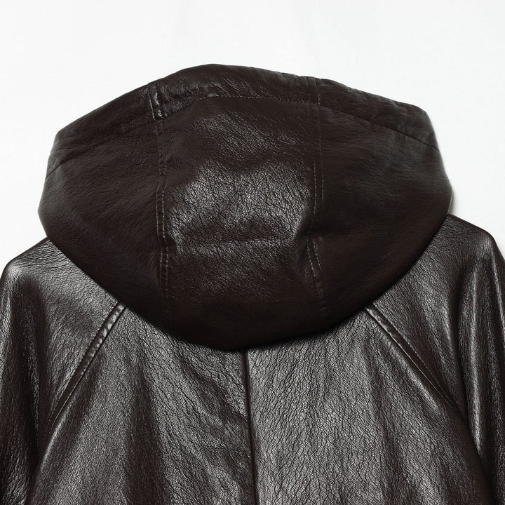 Women's Short Hooded Leather Look Bomber Jacket with Drawstring Hem Mune Fashion