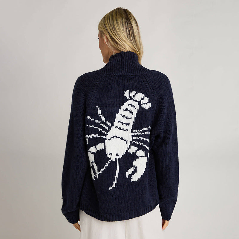 Women Chunky Knit Turtle Neck Sweater with Lobster Intarsia and Casual Oversized Fit Mune Fashion