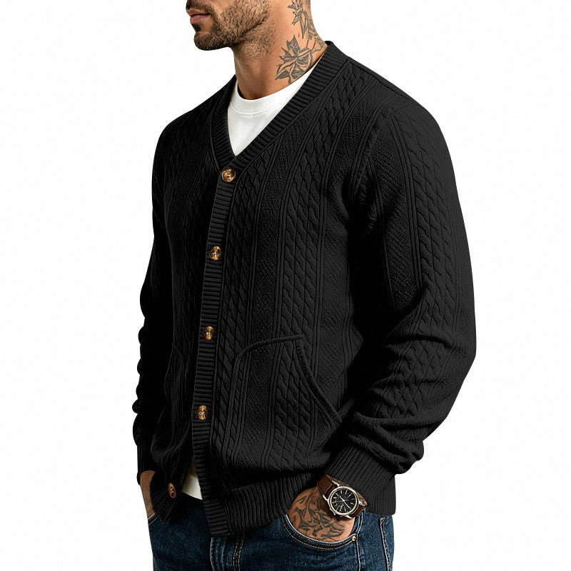 Men's Structured Knit Cardigan with V-Neck and Cable Pattern Mune Fashion