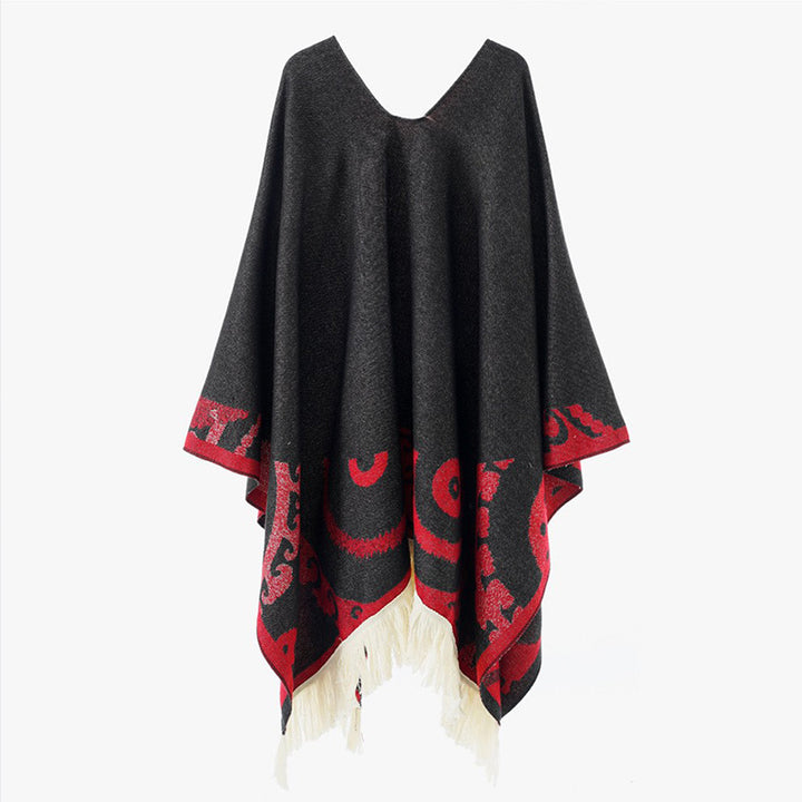 Women's wool blend medallion poncho with V-neck and fringe hem Mune Fashion