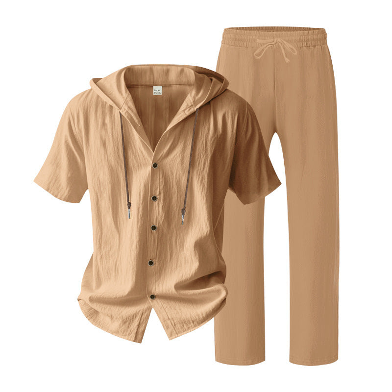 Men's urban leisure set with short-sleeved hoodie shirt, button placket, and straight comfort pants with drawstring Mune Fashion