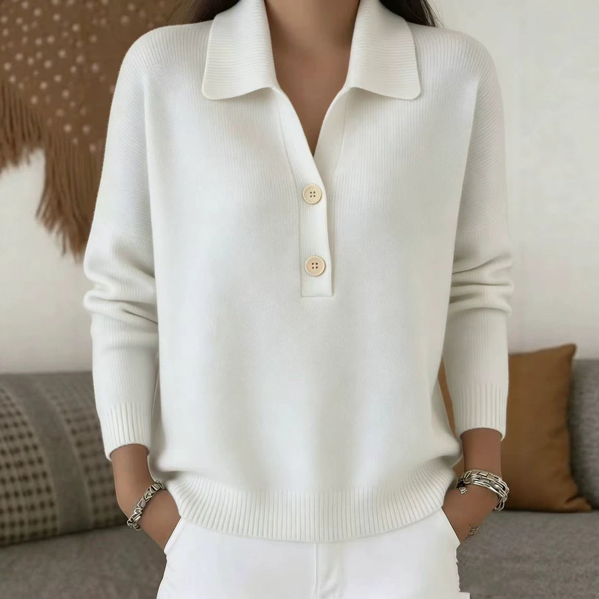 Women's casual fine knit polo collar sweater with two-button placket Mune Fashion