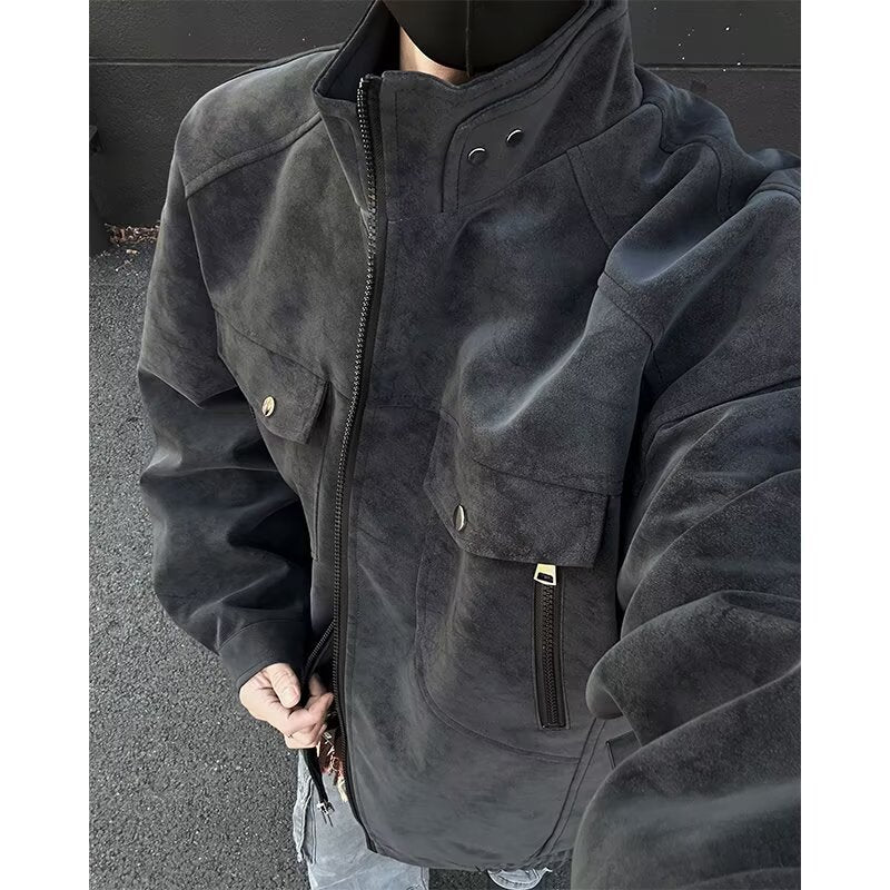 Men's Oversized Suede-Look Utility Jacket with High Stand Collar Mune Fashion