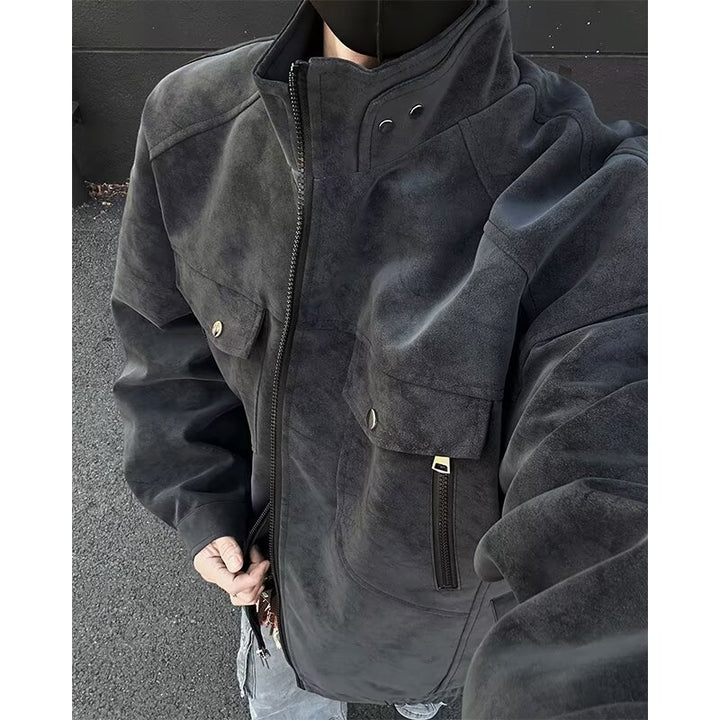 Men's Oversized Suede-Look Utility Jacket with High Stand Collar Mune Fashion