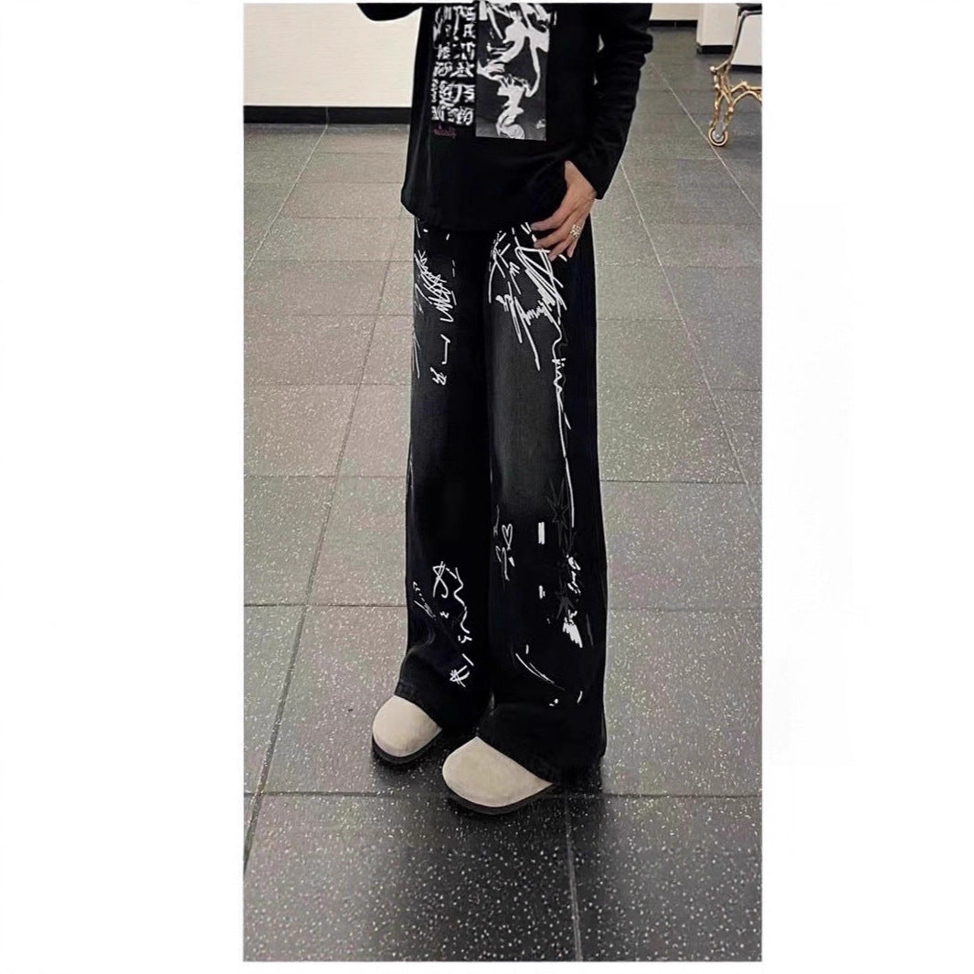 Women's Wide-Cut Jeans with Artistic Graphic Print Mune Fashion