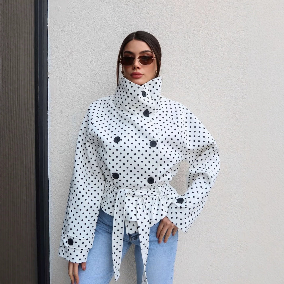 Women tailored short trench coat with stand-up collar, waist belt and double-breasted button placket Mune Fashion