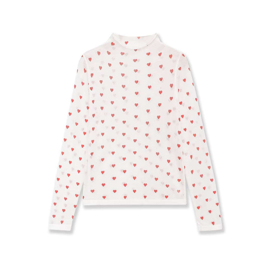 Women Long Sleeve Fine Knit Shirt with Stand-up Collar and Allover Heart Jacquard Mune Fashion