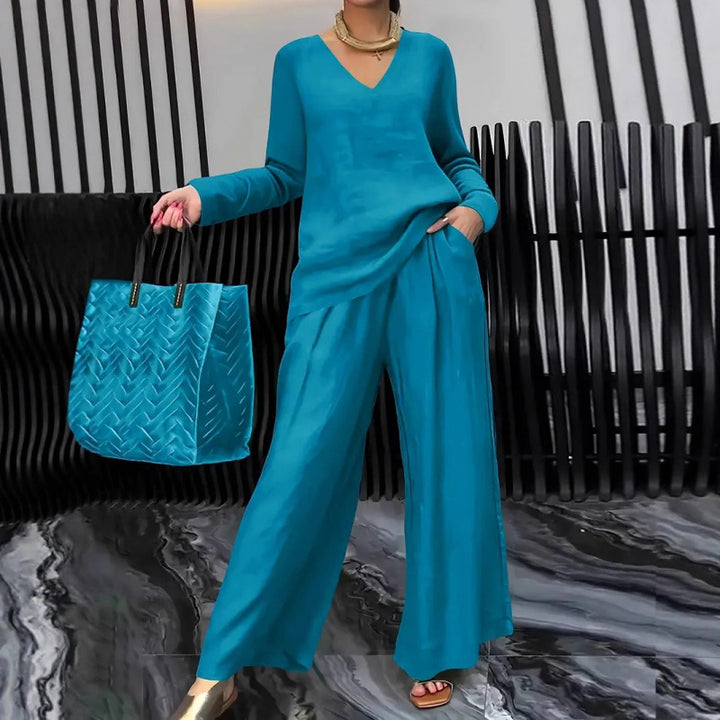 Women's Fine V-Neck Knit Sweater with Flowing Palazzo Pants Mune Fashion