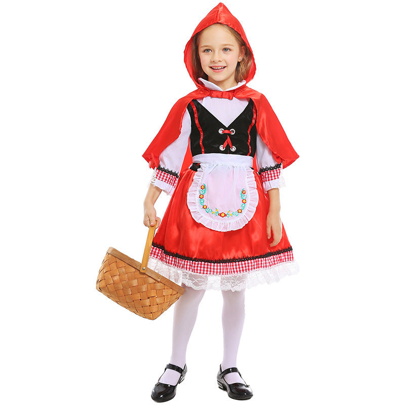 Girls Fairytale Little Red Riding Hood Costume with Cape and Embroidered Apron Mune Fashion