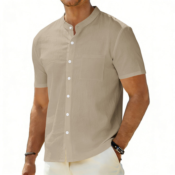 Men's short-sleeved linen shirt with stand-up collar and chest pocket Mune Fashion
