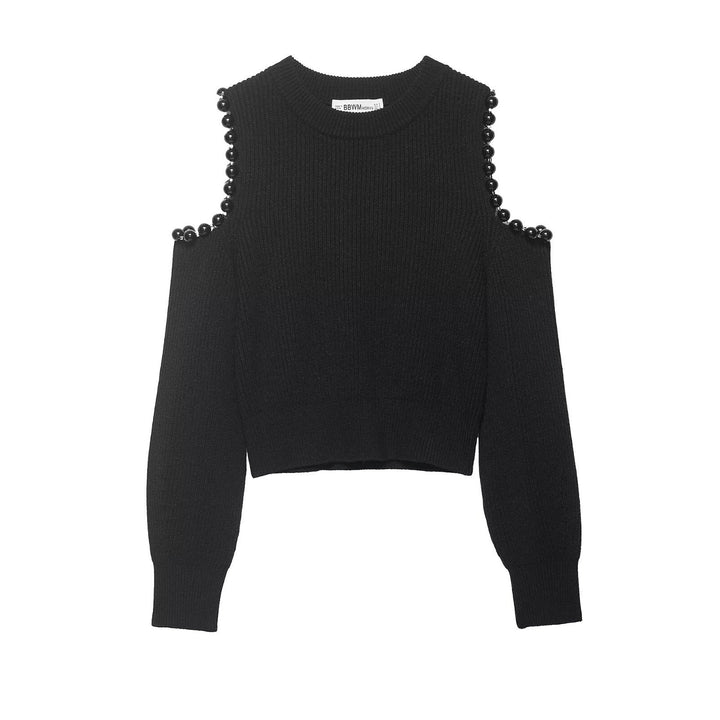 Women Knitted Cropped Sweater with Cut-Out Shoulders and Bead Embellishment Mune Fashion