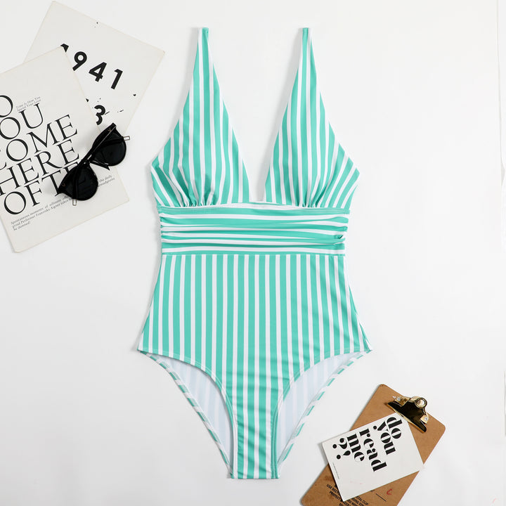 Women Elegant V-Neck One-Piece with Striped Design Mune Fashion