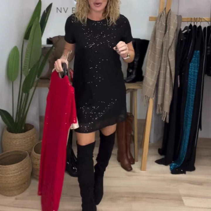 Women's sparkling shift mini dress with sequin trim and transparent hem Mune Fashion