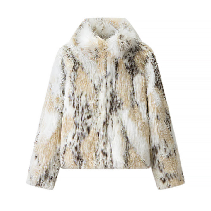 Women's short faux fur jacket in patchwork look with high stand-up collar Mune Fashion