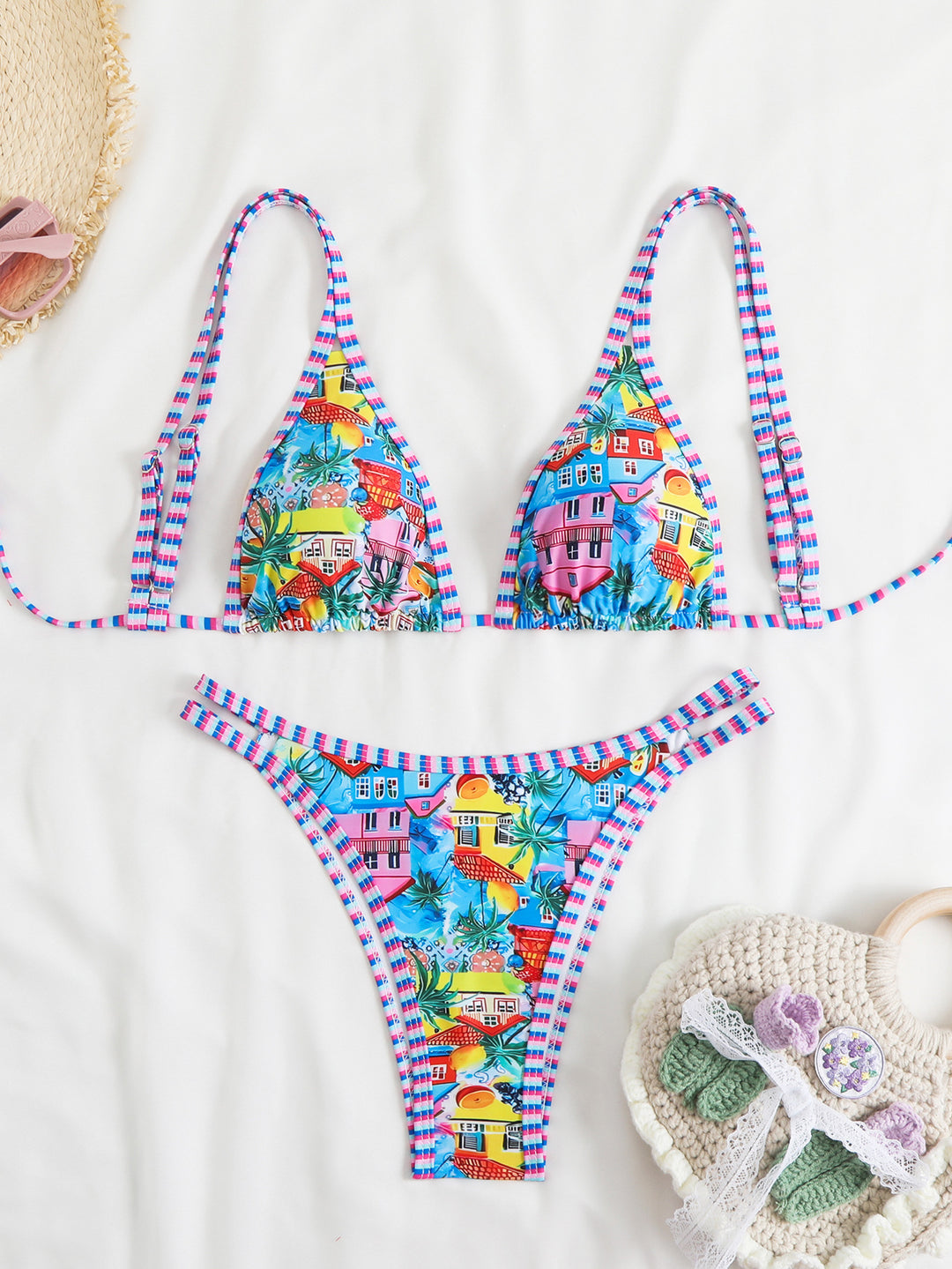 Ladies triangle bikini set with vibrant beach motif Mune Fashion