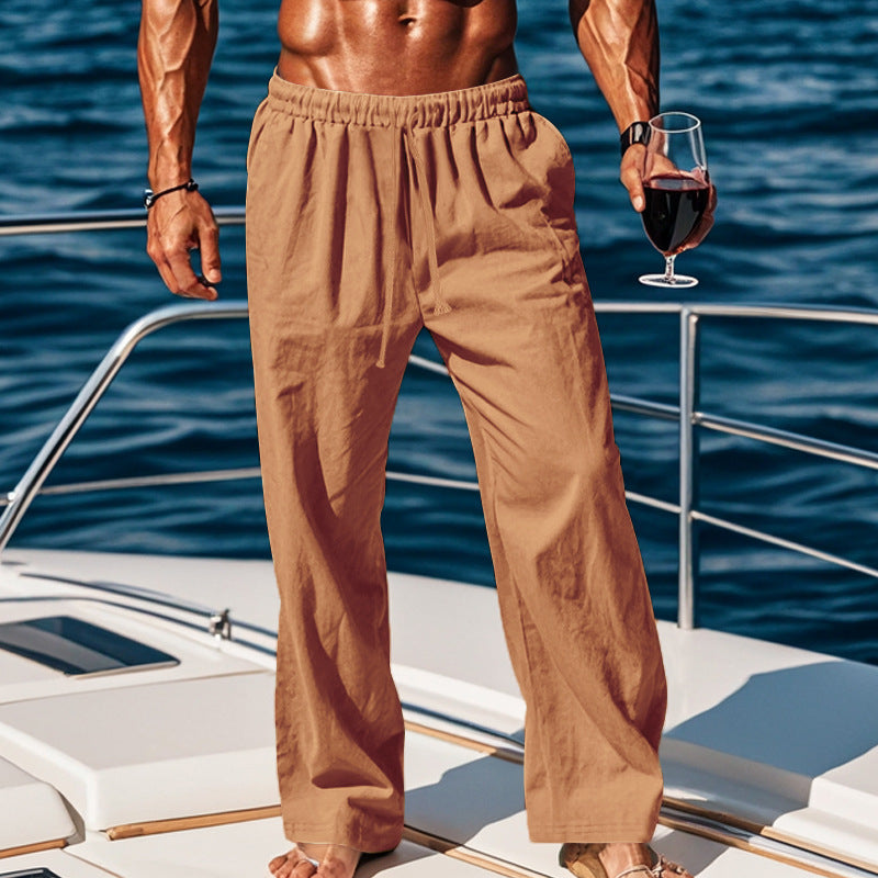 Men's loose linen lounge pants with elastic drawstring waistband, cord drawstring, and straight leg Mune Fashion