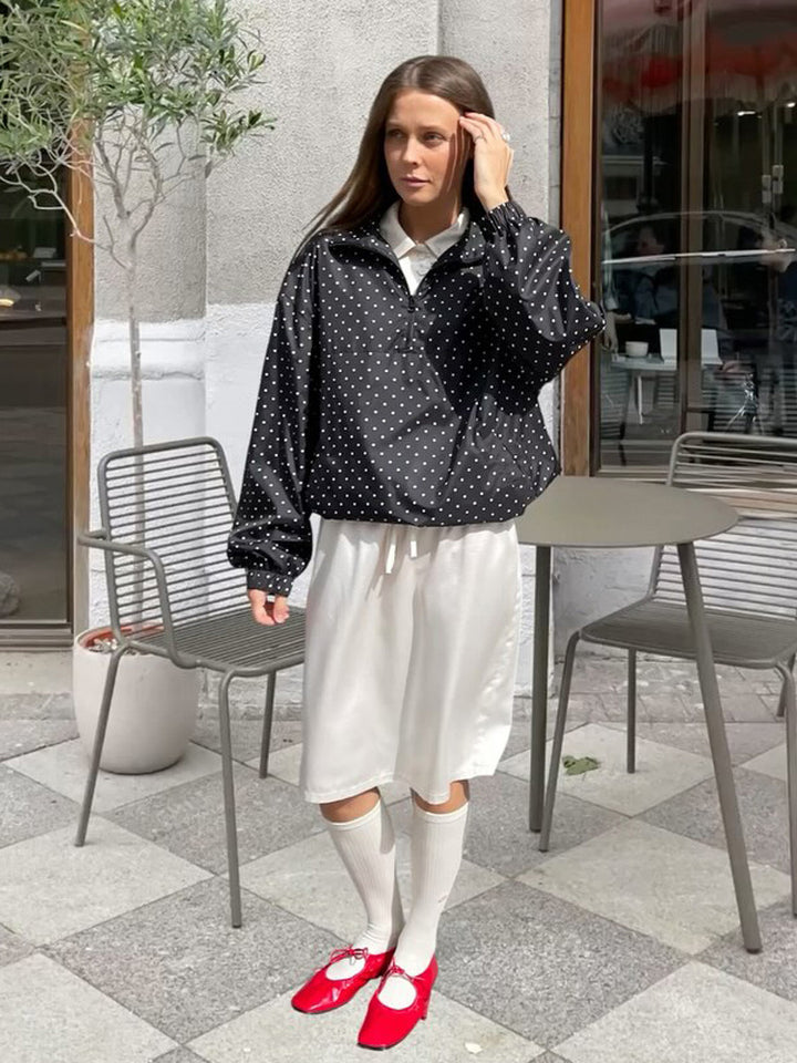 Women's Lightweight Polka Dot Half-Zip Transitional Jacket with Stand-Up Collar and Drawstring Mune Fashion