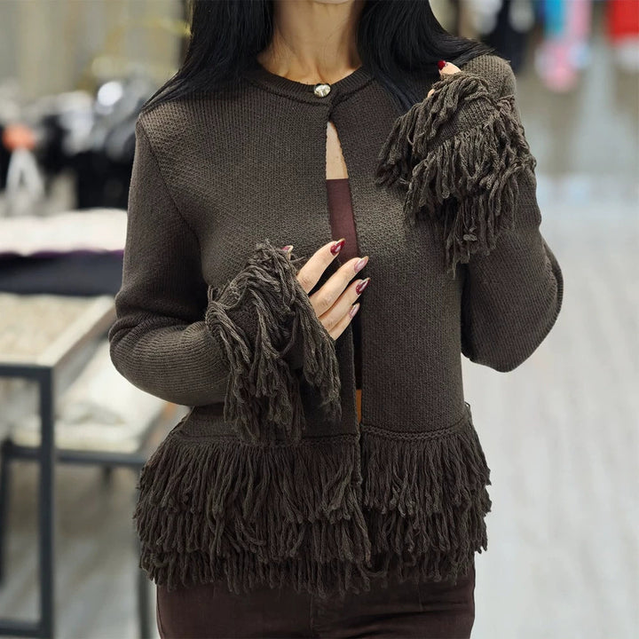 Women's cardigan with layered fringes, mother-of-pearl closure and boxy silhouette Mune Fashion