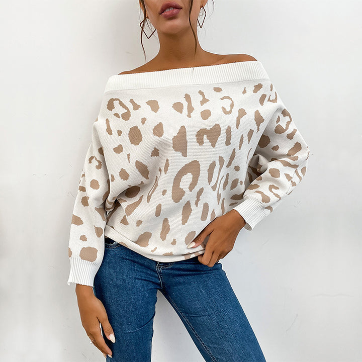 Ladies Carmen sweater in leopard jacquard oversized with wide neckline Mune Fashion