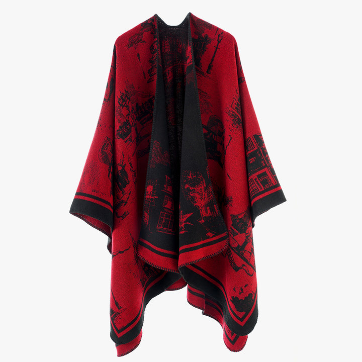 Women two-tone wool-look wrap with jacquard city motif and open waterfall front Mune Fashion